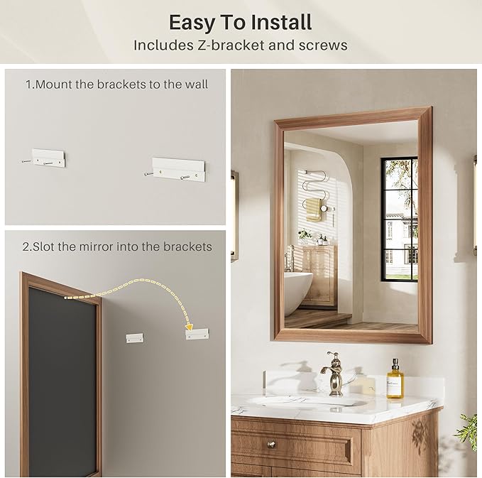 22x30 Inch Bathroom Mirror for Wall, Anti-Rust Walnut Wood Grain Metal Framed Bathroom Mirrors for Over Sink,Rectangler Mirrors for Bathroom Vanity, Farmhouse, Bedroom, Living Room, Entryway Decor