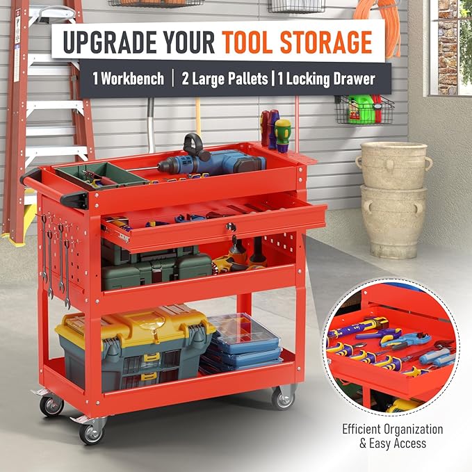 3-Tier Rolling Tool Cart, Heavy Duty for Mechanics, 400 LBS with Drawers, Red