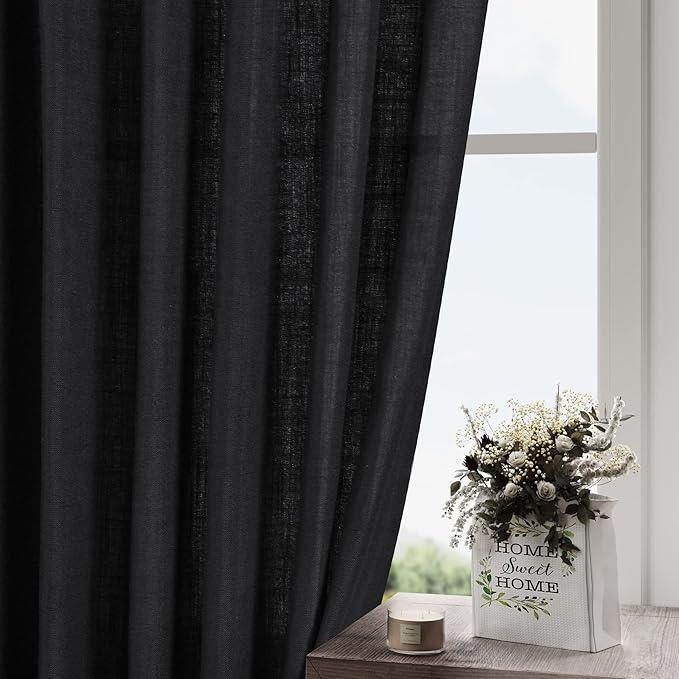 Extra Long Black Curtain 108 inches Long 2 Panels Set for Living Room Back Tab Modern Farmhouse Muslin Look Decor Cotton Textured Sheer Linen Curtains 108 inch Length for Large Window 9 FT Tall