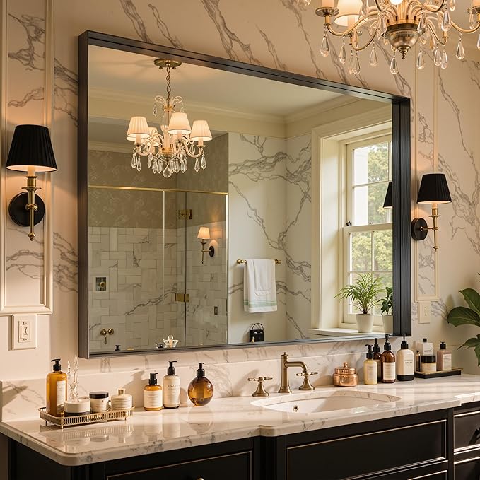 40"x36" Black Framed Bathroom Mirror, Large Rectangular Vanity Mirror, Aluminum Metal Frame, Wall Farmhouse Modern Wall-Mounted Mirrors for Bathroom, Bedroom, Living Room, Over Sink