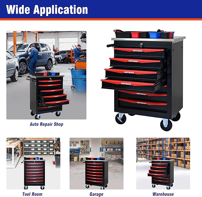 7 Drawers Tool Cart on Wheels with Stainless Steel Worktop, Heavy Duty Mobile Rolling Drawer Tool Chest with Locking Wheels & Lockable Drawers, Garage Tool Storage Cabinet (Black, 7 Drawers)