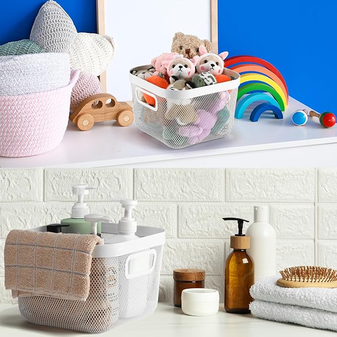 1 Pack Metal Mesh Basket with Hollow Handles White Wire Storage Bin for Organizing Stackable Metal Fine Mesh Basket for Pantry Bathroom Kitchen Cabinets Shelves (Medium)