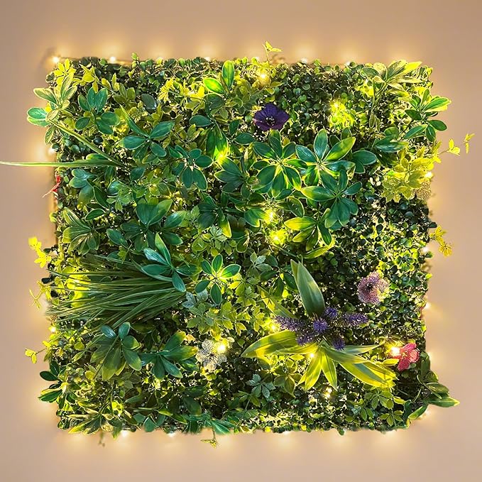 Artificial Grass Wall Panels for Indoor Outdoor, 16 Pack 20"x20" (44.53 Sq.Ft), Boxwood Panels, Greenery Backdrop for Home & Event Decor for Wedding with DIY Vine, Violet Flower, Light Strip