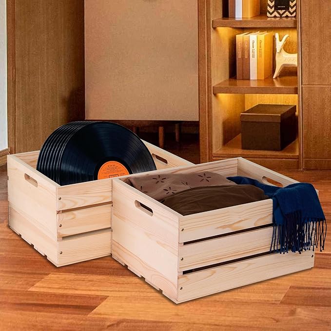 Extra Large Pine Wood Crates For Storage, Vinyl Records Storage Crates,The Storage Crates Are Made Of Pure Natural Solid Wood,Exuding Natural Pine Flavor,Unfinished Wooden Crates For Display . (1)