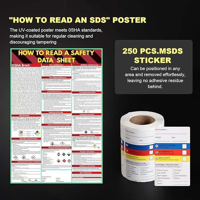 MSDS SDS Binder and Wall Station,Yellow Heavy Duty 3 Inch Material Safety Data Sheet 3 Ring Binder with SDS Wire Rack and Display Sign,Chain,Mounting Hardware,Safety Posters and MSDS Labels