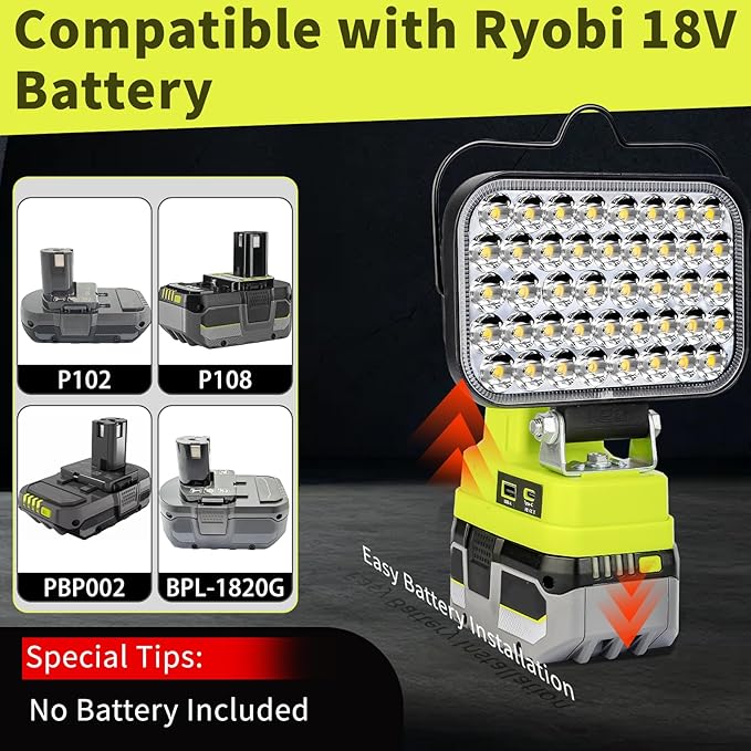 Work Light for Ryobi 18V Battery,84W 8000LM Portable Cordless Floodlight with USB&Type C Charging Port for Emergency Lighting,LED Spotlight for Camping,Fishing,Workshop