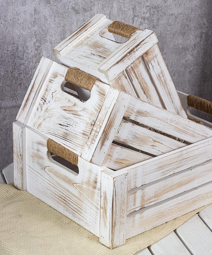TIMRIS Set of 3 Rustic Wood Nesting Crates, Farmhouse Wooden Storage Container Boxes with Cutout Handles, Decorative Wooden Baskets for Display (Whitewash)