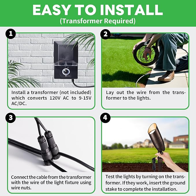 Outdoor Landscape Lighting Kit, 8 Pack Spotlights and 100FT Cable and 30 Wire Connectors, 3CCT Aluminum ORB LED Spotlight, Perfect for Porch Backyard Fence, Without Transformer