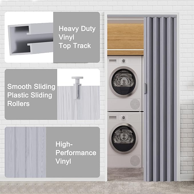 36" x 80" Accordion Doors Interior Folding Door, Grey PVC Accordion Door for Opening Width: 24"-36", Adjustable Height & Width, Two Strong Magnetic Blocks for Close Tightly, Protect Privacy