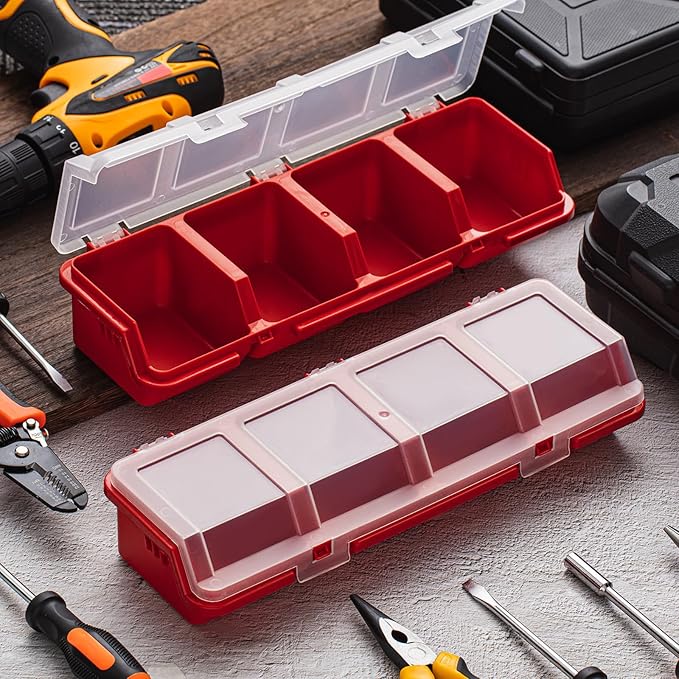 Hushee 4 Pcs Screw Organizer Box with Lid 4 Compartments Tool Bin Divider Plastic Stackable Hardware Organizer Small Part Storage Sorting Screw Box for Garage Workbench Craft Storage (Red)