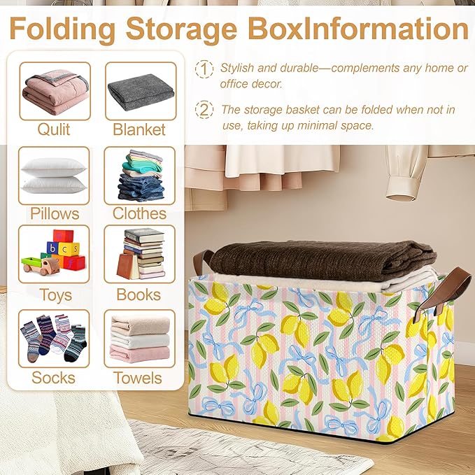 32L Large Storage Bins with Handles, Watercolor Fruit Basket Organizer for Shelves, Closet, Books, Laundry & Home Decor (Lemons)