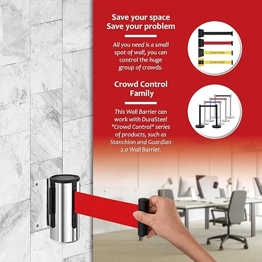 DuraSteel Wall Mount Retractable Belt Barrier - 9.2 Ft Red Belt in Sturdy Stainless Steel Case - Guardian 1.0 Indoor & Outdoor Do Not Cross Caution Tape for Crowd Control Queue Barrier, Line Divider