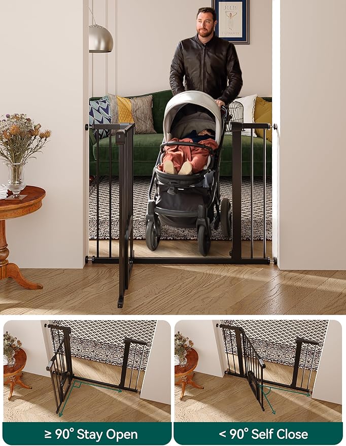 Babelio Upgraded Baby Gate with Cat Door, 29-43" Auto Close Durable Dog Gate for Stairs, Doorways and House, Easy Walk Thru Safety Gate with Pet Door Includes 4 Wall Cups, Black