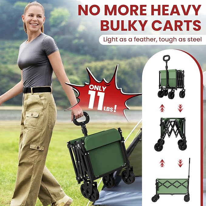 Collapsible Wagon with Wheels & Tailgate, 350LBS Wagons Carts Foldable Heavy Duty, Lightweight Portable Folding Utility Wagon Grocery Shopping Cart for Garden, Camping, Beach (Green)