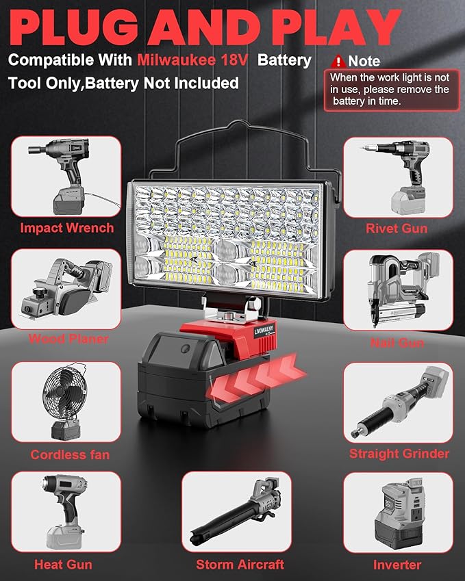 LIVOWALNY LED Work Lights Compatible with Milwaukee 18V Battery, 100W 10000LM 7" Flood Light Portable with USB & Type-C Charging Port & Low Voltage Protection 140° Pivoting Head, Battery Not Included