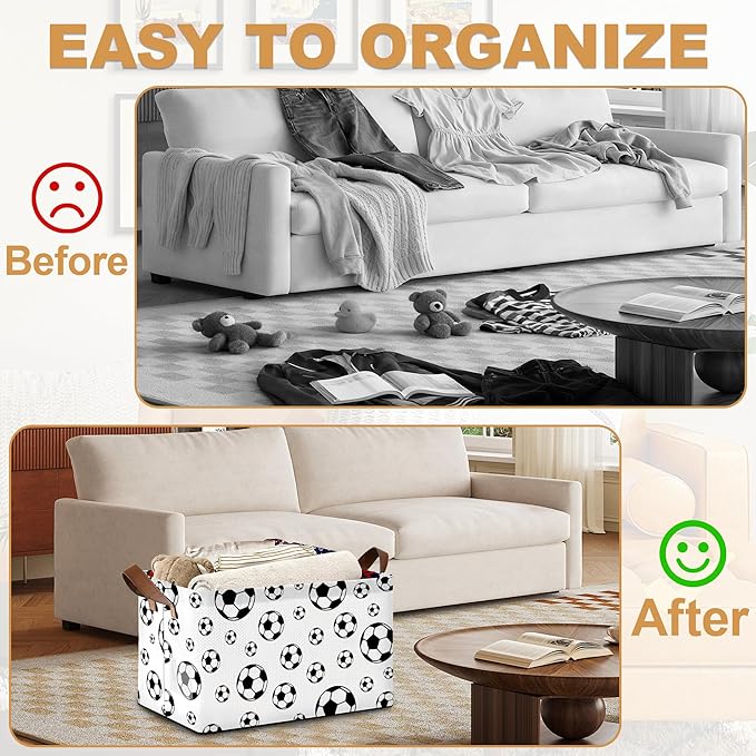 Black Soccer Football Storage Bins with Handles, Collapsible Storage for Clothes, Gift Basket, Blankets & Closet Organization