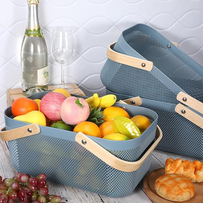 Sadnyy 4 Pcs Plastic Mesh Garden Harvest Basket Storage Basket with Wooden Handle Multi Functional Mesh Bin for Kitchen Cabinet Picnic Fruit Vegetable Gathering Organizer(Large,Blue)