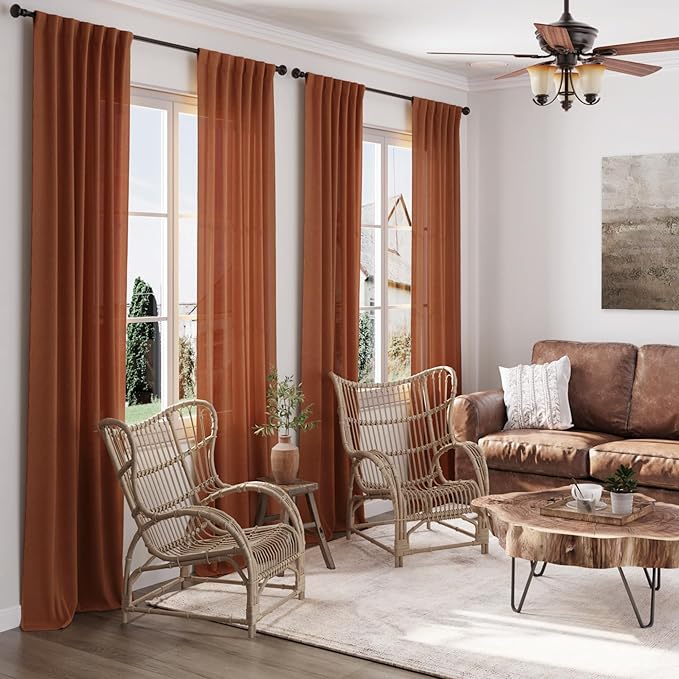 Nanspring Linen Blend Terracotta Curtains 100 inches Long 2 Panel Back Tab Rod Pocket Rustic Farmhouse Boho Curtains for Dining Room Semi Sheer Brick Burnt Bohemian Fall Decor Rust Colored Curtain