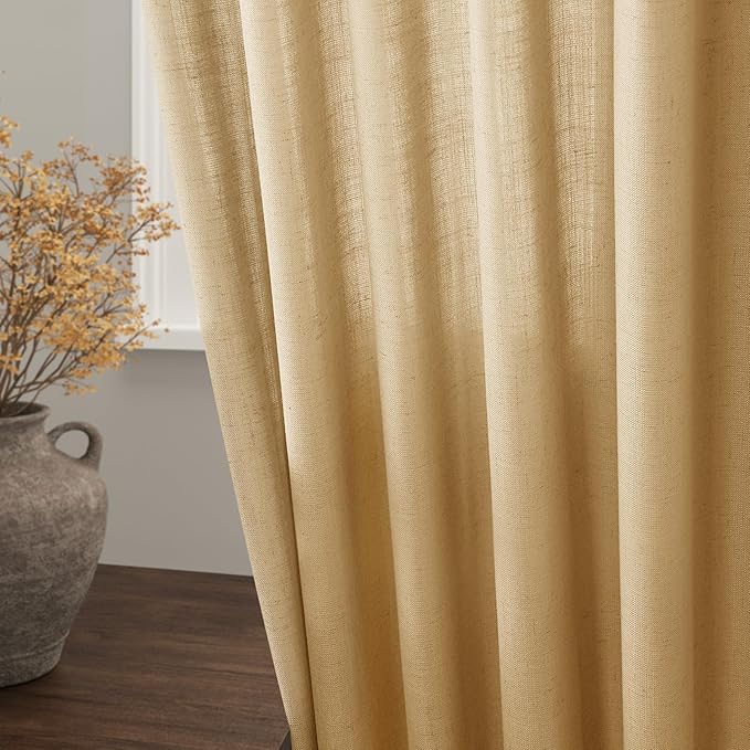 Nanspring Gold Yellow Linen Curtains 90 Inch Long 2 Panels Set for Bedroom Living Room Gold Yellow Linen Textured Window Drapes Semi Sheer Light Filtering Rod Pocket Back Tab Farmhouse Curtain 52x90