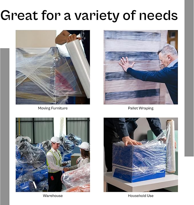 PSBM Stretch Wrap, 4 Pack, 15 Inch x 1500 Feet, 65 Gauge, Clear Plastic Cling, Cast Hand Stretch Film Rolls for Packaging Moving Packing Pallets