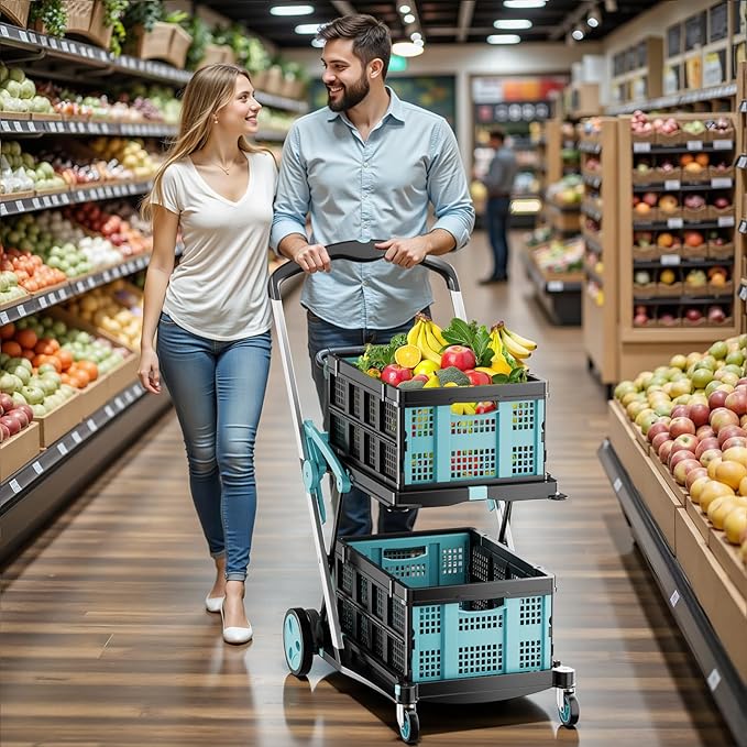 Foldable Shopping Cart, 200 lbs Capacity Grocery Cart on Wheels with Two Collapsible Crate Heavy Duty Collapsible Carts with Foot Brake for Groceries, Office, Warehouse and Supermarket