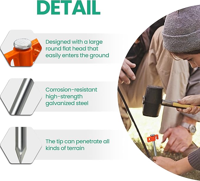 Tradesparker Tent Stakes 22-Pack 10Inch Heavy Duty Garden Stakes Canopy Anchors Double-Sided Hook Design - Includes Ropes for Camping Tents, Pop Up Canopies and Outdoor Events, Orange