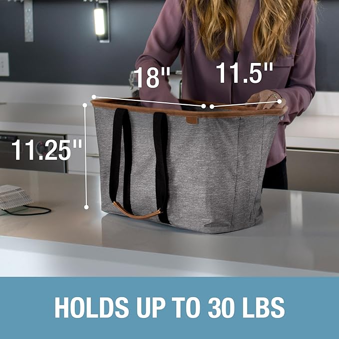 CleverMade Collapsible LUXE Tote - Gray Black 1 Pack 30L / 8Gal - Reusable Utility Grocery Shopping Storage Bag Organizer w/ Handles Reinforced Bottom