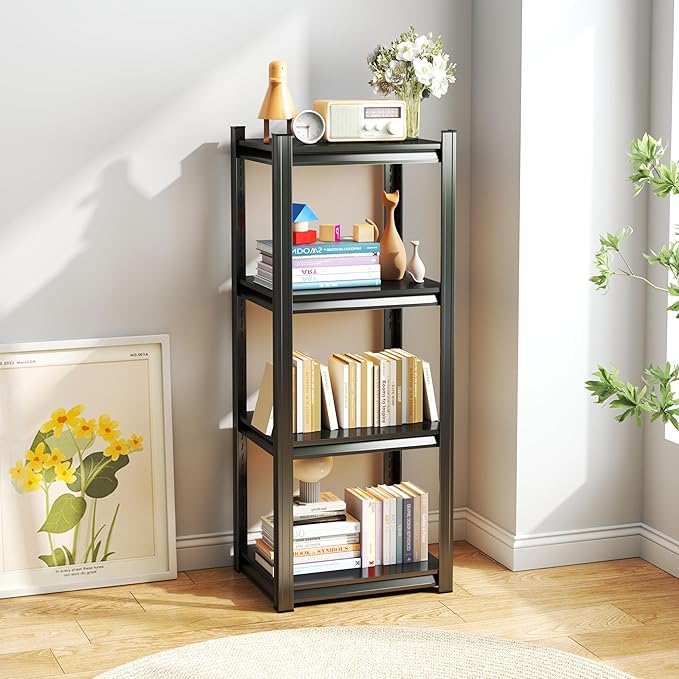 Garage Shelving Units, Heavy Duty 4-Tier Storage Shelves, Metal Adjustable Storage Rack, Steel Shelves, 2750 lbs Capacity, Industrial Shelving for Heavy Tools (Black, 4TIER 9.8"D×15.7"W×44"H, 4TIER)