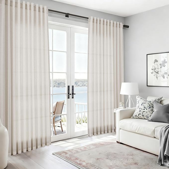 Nanspring Pearl White 63 Inch Curtains for Living Room Linen Blend Luxury Light Filtering Semi Sheer Curtain Back Tab Coastal Decor Neutral Elegant Gray Drapes for Bedroom Office 52x63, 2 Panels