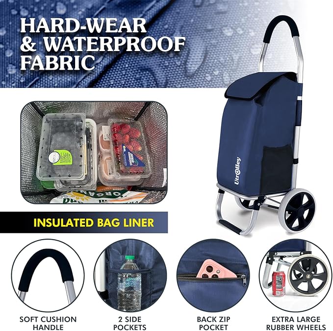 Ultra-Lightweight Foldable Grocery Cart with 40L Capacity, Soft Rolling Wheels, Removable Insulated Bag – Multi-Purpose Personal Hand Truck (Blue)