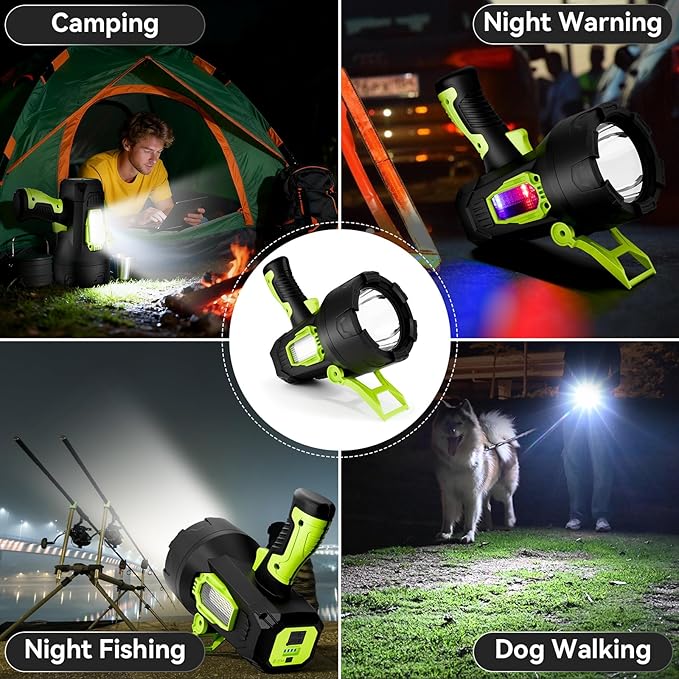 Rechargeable Spotlight，99,000 Lumens Super Bright LED SpotLights Flashlight, 10000ɱAh Spot Lights Long Runtime Waterproof ，Spot Light Outdoor Handheld with Cob Light & Foldable Tripod for Camping