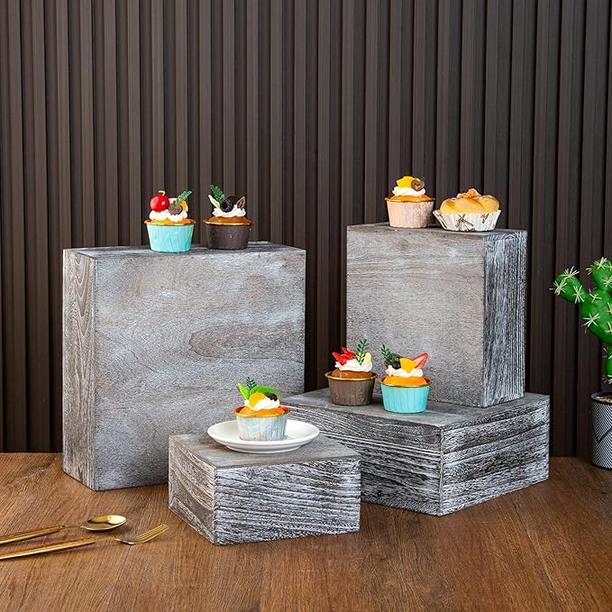 Vintage Brown Square Wooden Cake Stands For Display,Set Of 4 Wood Cupcake Stands Risers, 12 Inches Rustic Wood Crates For Wedding Cake Display,Square Wooden Display Risers For Home Decor . (Vintage Black)
