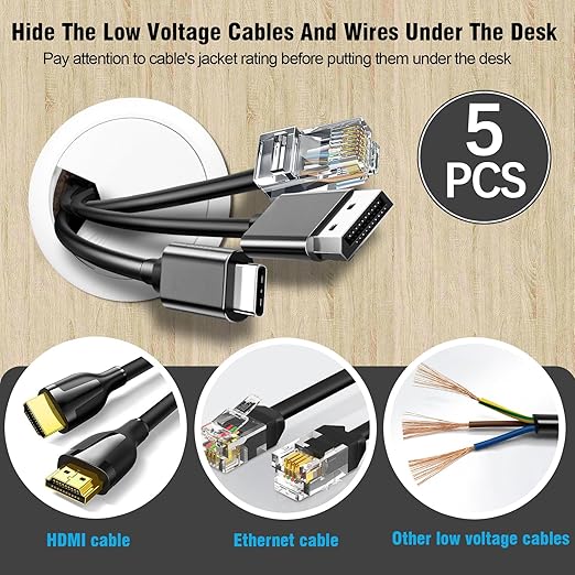 2" Spring Desk Grommet, JTemgle Plastic Cable Hole Cover Computer Table Cord Wire Organizer Caps Desktop Cord Management for Home Office TV Stands Tabletops - White, 5 Pcs