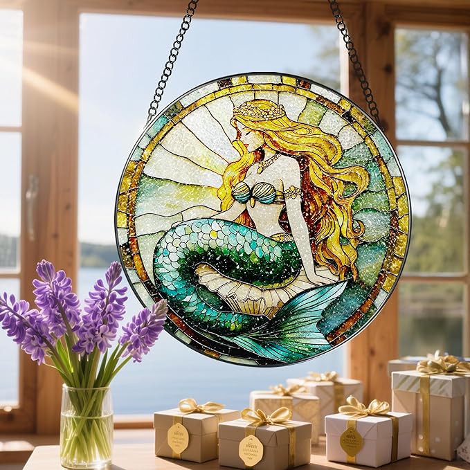 Stained Glass Window Hanging, 8 Inch Mermaid Suncatcher Stained Glass Ornament, Suncatchers for Windows Hanging, Sun Catchers Indoor Window, Mermaid Gifts, Gifts for Friends, Housewarming Gift