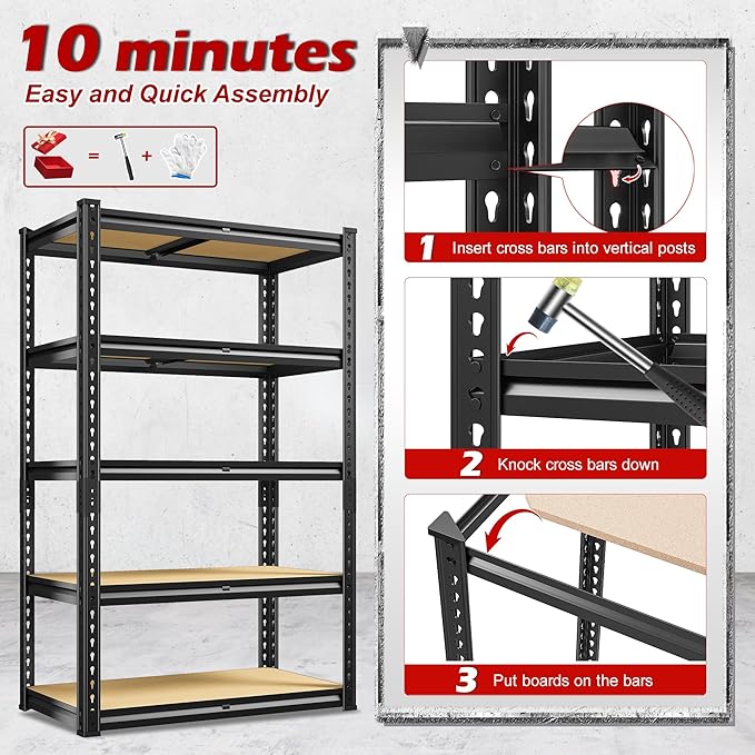 REIBII Storage Shelves 5 Tier Adjustable Garage Shelving Heavy Duty Metal Shelving 2020LBS Metal Shelf 59.8" H Pantry Shelf for Garage Pantry Closet Kitchen Basement 28" W x 12" D x 59.8" H, Black