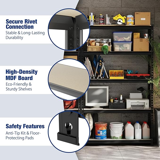 WORKPRO 2180LBS Garage Shelving Unit, Heavy Duty 5-Tier Adjustable Storage Shelf, Shelving Units and Storage for Kitchen, Basement or Pantry, 35.4”Wx15.7”Dx72”H, Black