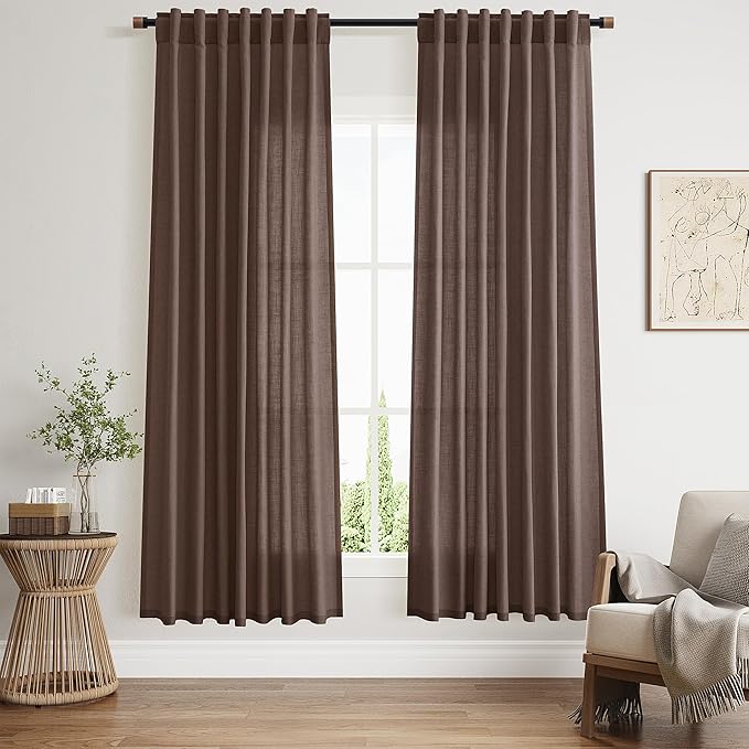 Cappuccino Linen Curtains 72 Inch Long for Living Room Bedroom Lightweight Door Drapes 2 Panels Set, Semi Sheer Light Filtering Back Tab or Rod Pocket Curtain,52x72