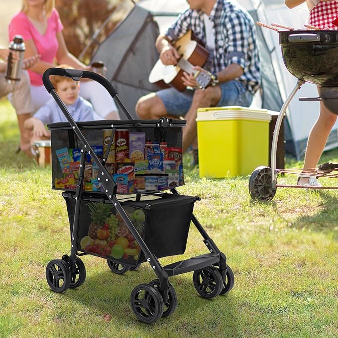 Foldable Shopping Cart, 110lbs Grocery Stroller with Removable Basket, Portable Personal Collapsible Cart with Wheels, Snack Storage Utility Cart for Supermarket Living Room Grocery