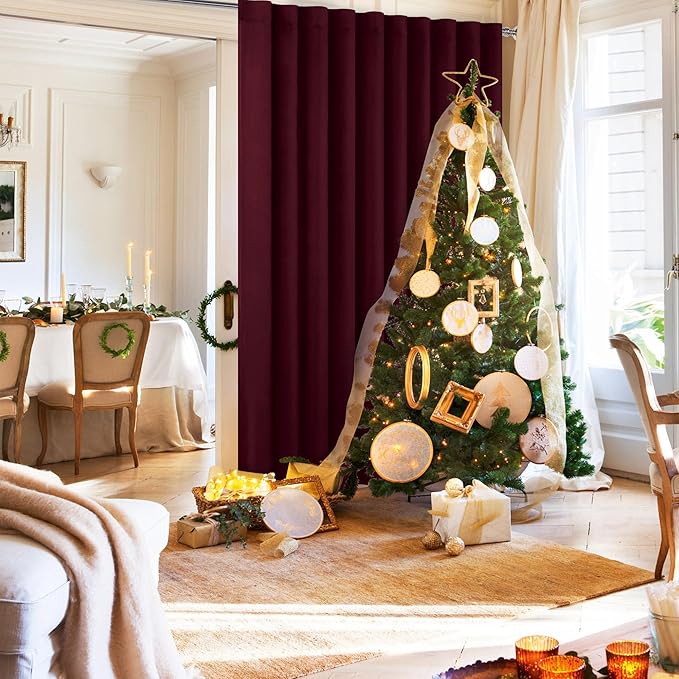Hiasan Christmas Room Divider Curtains Blackout Patio Sliding Door Curtain Privacy Room Thermal Insulated Noise Reduction Panel with Back Tab & Rod Pocket for Glass Door (80 x 84 Inches, Burgundy)