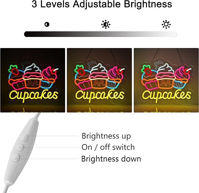 Cupcakes Neon Sign, Cupcakes Neon Lights Hanging Wall Art Decoration for Bakery Cafe Business Service Home Shop/Truck, USB Powered Ultra Bright Dimmable, 14.17×12.6 inches