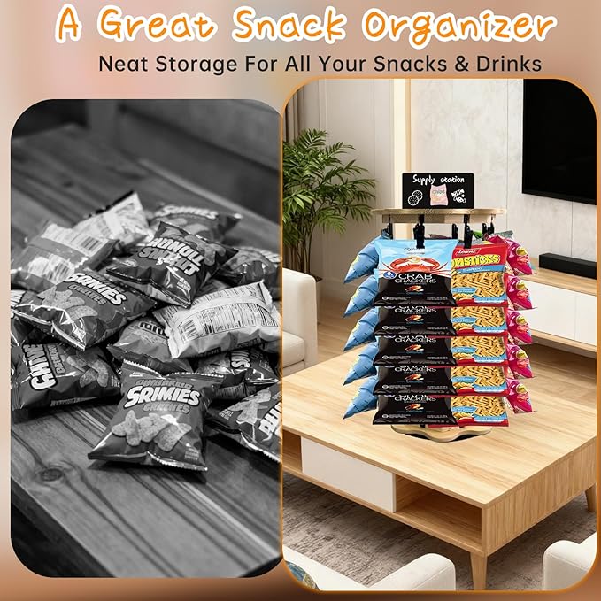 Chip Rack Display Stand 360° Rotating 5 Tiers 40 Clips Bar Snack Organizer Retail Display Rack Wooden Base Candy Holder for Concession Stand Countertop Party Store With Message Board (Flower)