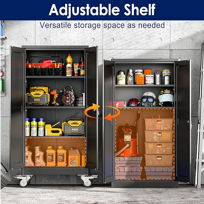 61" H Metal Garage Storage Cabinet, Rolling Tool Cabinet with 2 Doors and Wheels, Locker Steel Cabinet with 3 Adjustable Shelves, Organization Cabinet for Garage,Office,Home,Gym,School（Black）
