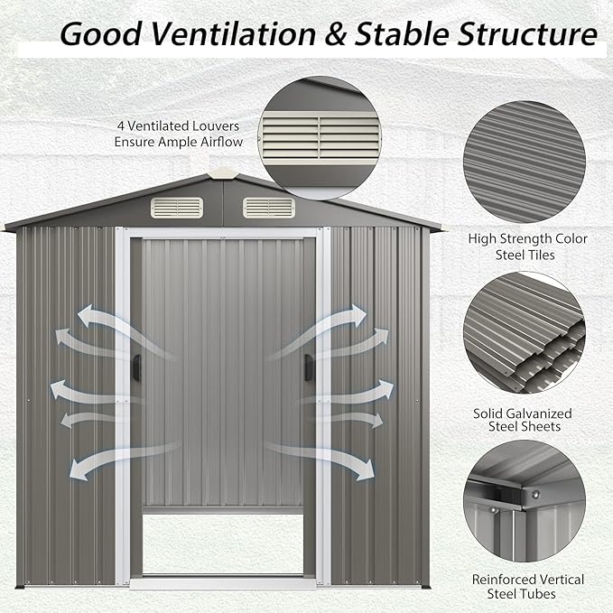 HAPPYGRILL 6 x 4 ft Outdoor Metal Storage Shed, Galvanized Steel Shed with Tilted Roof, Lockable Sliding Doors & 4 Air Vents, Utility Shed for Backyard Garden Patio Lawn