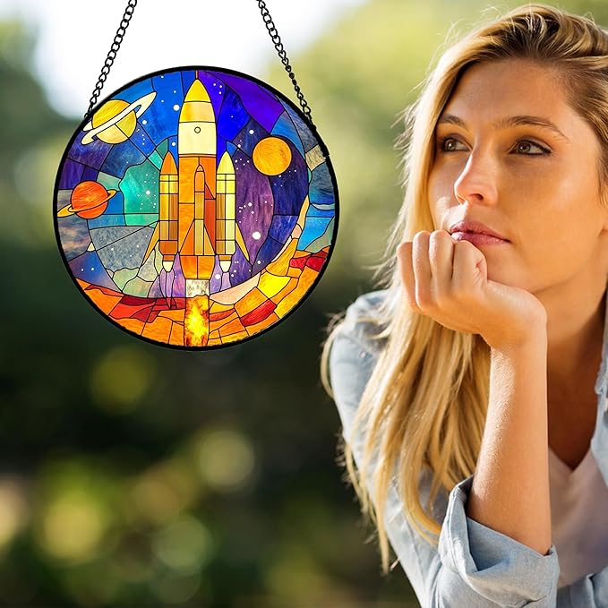Stained Glass Window Hanging Abstract Universe Planetary Rocket Large 15" - Suncatcher Door Garden Sun Catcher Home Decor Birthday Children's for Men Teenage Boys Kids