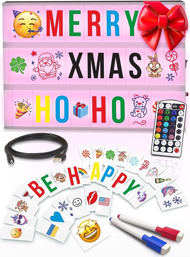 Cinema Light Box with Letters – Marquee Color Changing Light Box Sign with 386 Black & Color Letters & Emoji & 2 Markers- Premium Light Up Letter Board – 16 Dimmable Remote-Controlled Colored Options