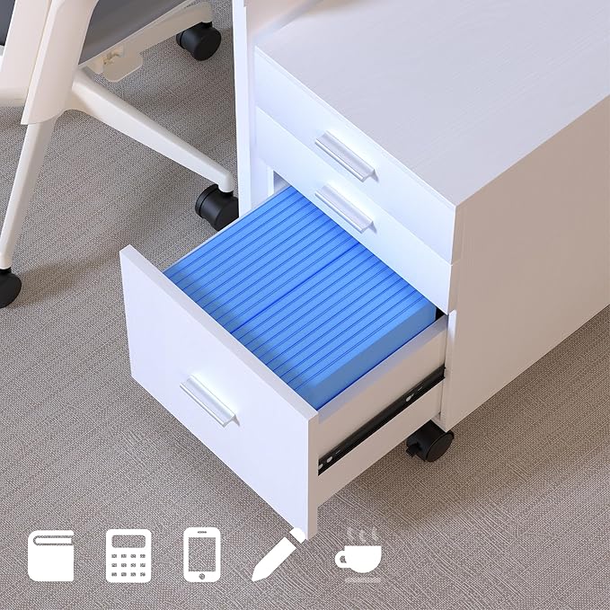 3 Drawer Mobile File Cabinet on Wheels,White fully assembled Rolling Storage Organizer for Letter/A4 Files, Ideal for Office, Home, Classroom Organization,Printer Stand,19" L x 16" W x 22" H