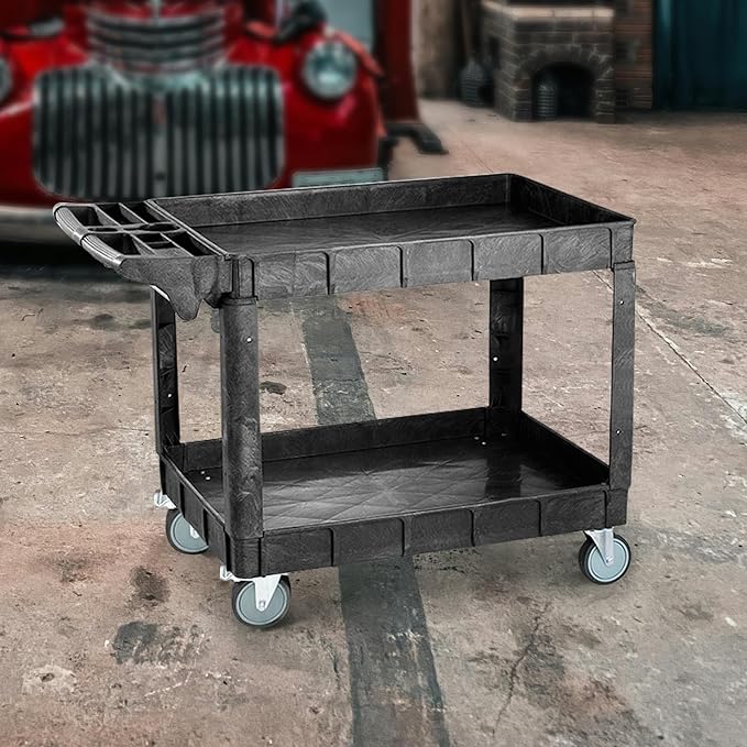 Larger 2 Tier Heavy Duty Utility Service Cart, 550 Capacity Work Cart on Rolling Utility Service Cart for Garden Garage Maintence Transporting (2 Tier, Large)