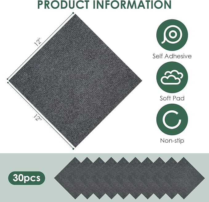 30 Pack Carpet Tile - 12” X 12” Self Adhesive Carpet Floor Tiles Anti-Slip Squares Peel and Stick Floor Tile DIY Installation for Bedroom (Dark Gray)