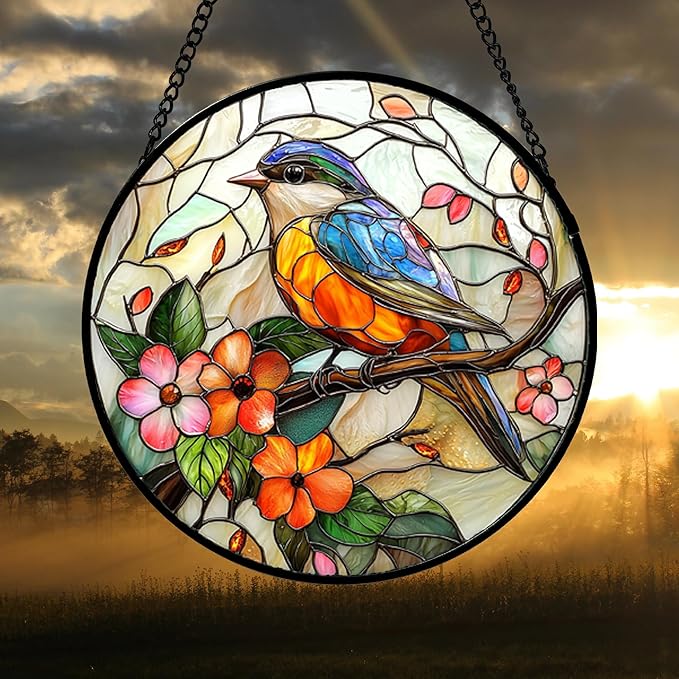 Stained Glass Window Hanging, Blue Bird Pink Flower Suncatcher Diamond Glass Panel Bird Sun Catchers Decor for Birthday for Women, Men, Wife, Aunt, and Mom 14.9x14.9 in