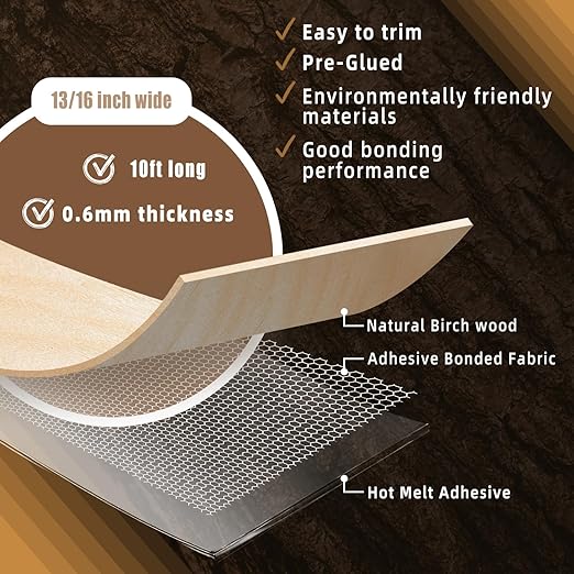 GSCIT Club Birch Edge Banding, 13/16 inch x 10ft roll of Veneer Edge Banding - Pre-glued Flexible, Real Wood Tape for Cabinet Repair & Furniture Restoration